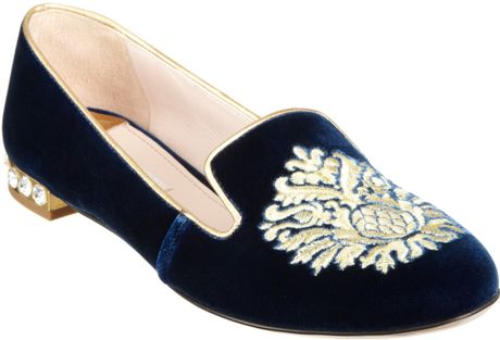 Miu Miu Velvet Embroidered Slipon in Blue (gold) - Lyst