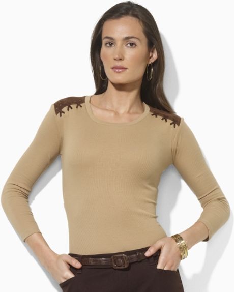 Lauren By Ralph Lauren Fauxsuede Trimmed Crewneck in Beige (harvest camel) - Lyst