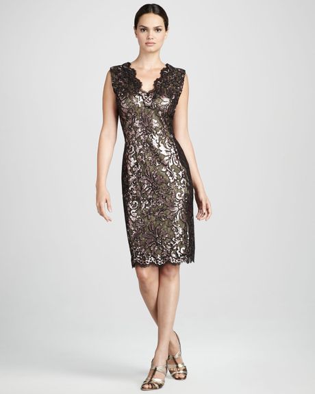 Tadashi Shoji Sequined Lace Cocktail Dress in Gold (brown nude)
