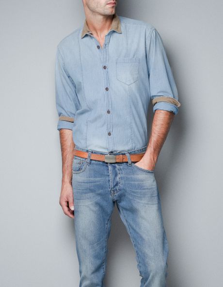 Zara Denim Shirt with Needle Cord Detailing in Blue for Men