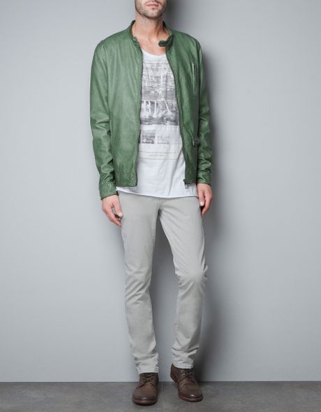 Zara Synthetic Leather Jacket in Green for Men | Lyst