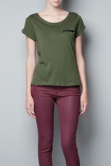 Zara T-shirt with Faux Leather Pocket and Stud - Lyst