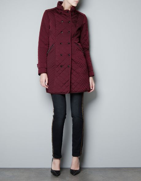 Zara Long Quilted Jacket in Purple (maroon) | Lyst