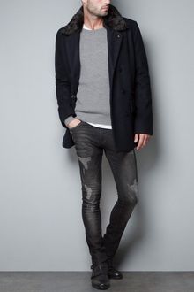 Zara Three Quarter Length Coat with Fur Collar - Lyst