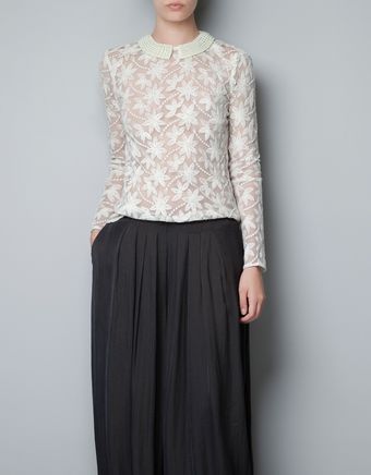 Zara Embroidered Tulle Blouse with Pearls Around Collar - Lyst