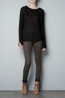Zara Openwork Jumper with Diamante On Shoulders - Lyst