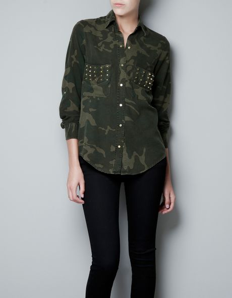 Zara Studded Camouflage Shirt in Green - Lyst