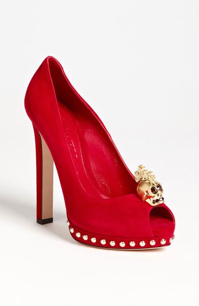 Alexander Mcqueen Open Toe Skull Pump in Red (cherry) - Lyst