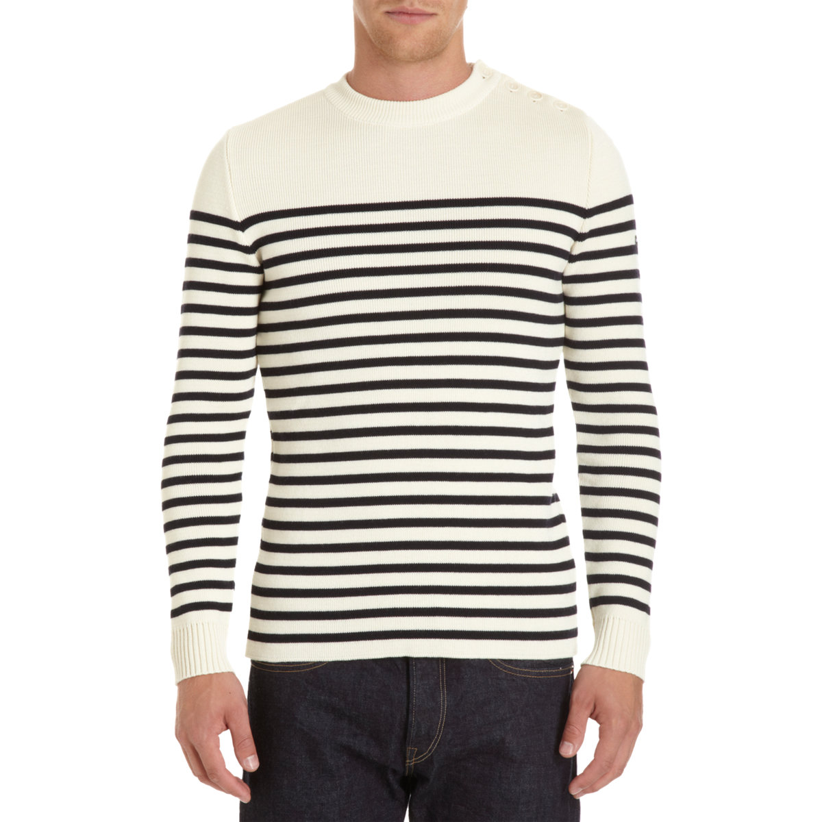 striped shoulder button sweater