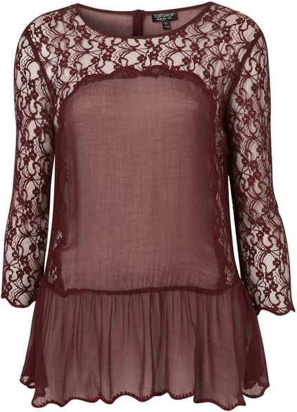 Topshop Lace Insert Peplum Top in Purple (burgundy) - Lyst