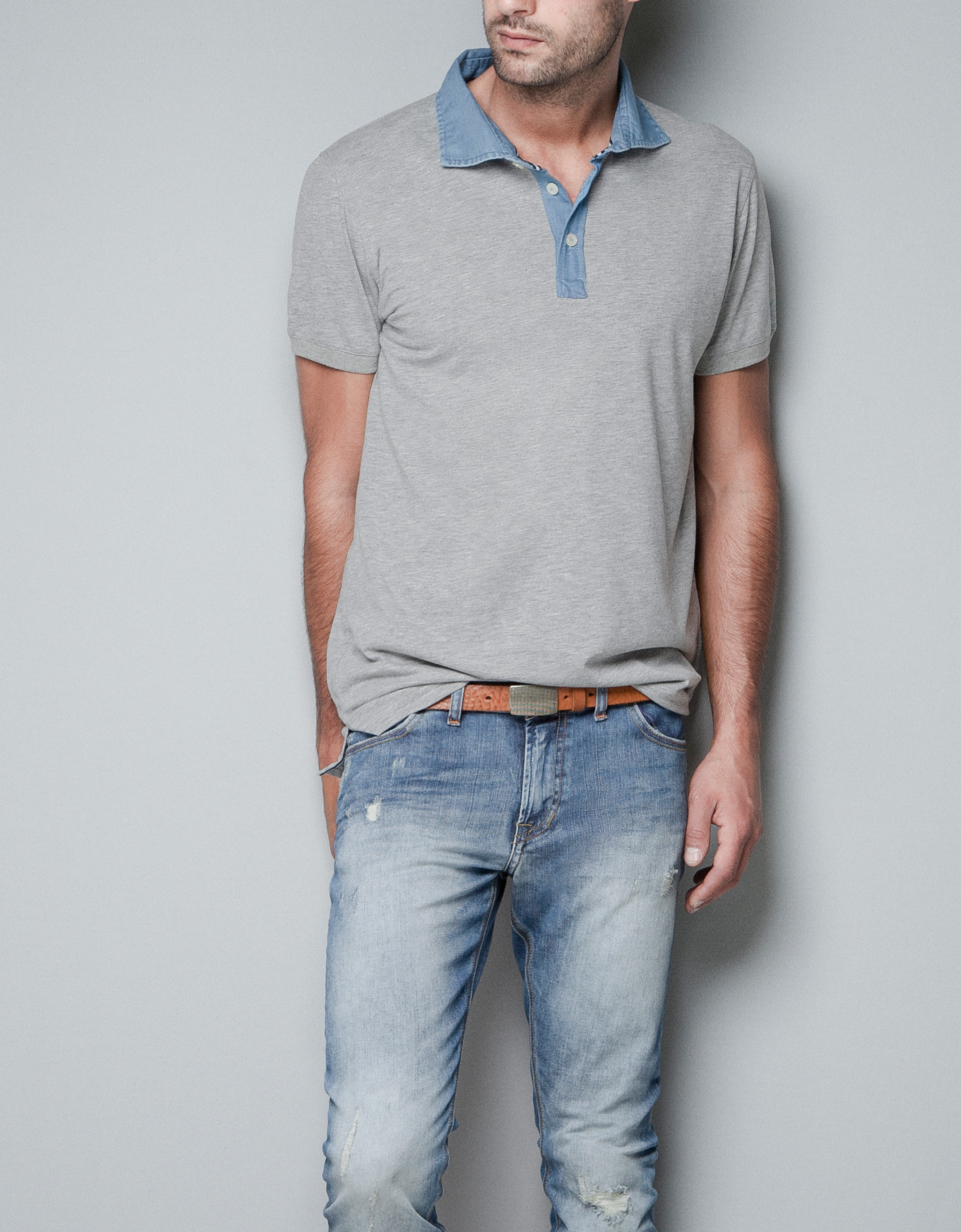 Zara Polo Shirt with Denim Collar in Gray for Men (marl grey) Lyst