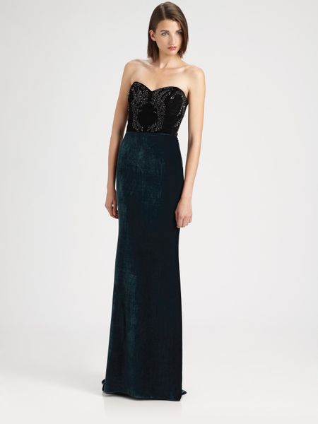 Badgley Mischka Beaded Velvet Gown in Blue (teal) - Lyst