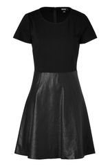 DKNY Black Short Sleeve Leather Combo Dress
