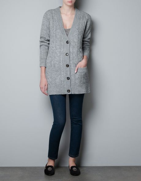 Zara Long Cardigan with Elbow Patches in Gray (mid grey) | Lyst