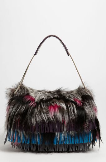 Jimmy Choo Embroidered Suede Genuine Fox Fur Shoulder Bag - Lyst