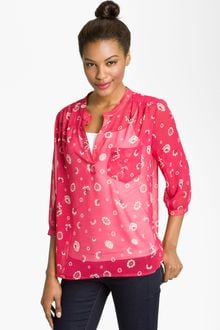 Pleione Print Split Neck Sheer Blouse - Lyst