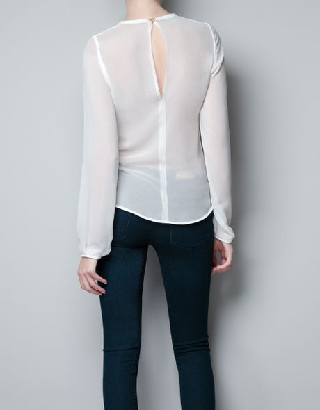 Zara Tulle Embroidered Blouse in White (off white) | Lyst