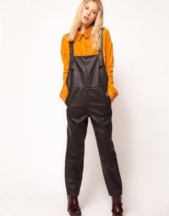 ASOS Collection Asos Leather Look Dungarees with Buckle Detail - Lyst