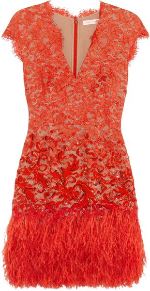 Matthew Williamson Feathertrimmed Embellished Lace Dress - Lyst