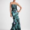 Theia Printed Ruffled Strapless Gown in Green (hunter) - Lyst
