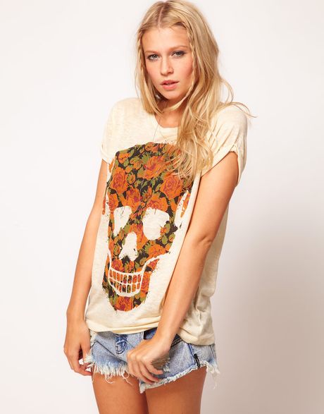 Asos Collection  TShirt with Floral Skull in Burnout in Beige (cream) - Lyst