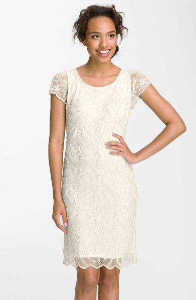 Pisarro Nights Embellished Scallop Hem Sheath Dress in White (ivory) | Lyst
