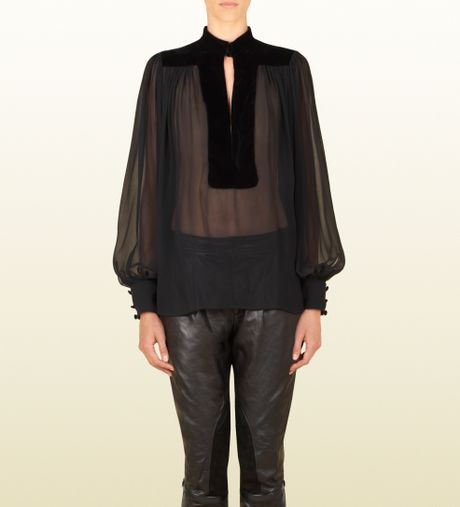 Gucci Silk Georgette Sheer Shirt with Velvet Yoke in Black | Lyst