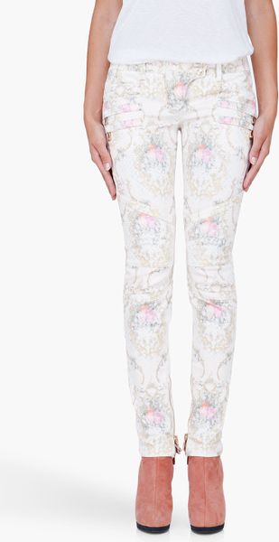 Balmain Nude Floral Print Jeans in White (nude) - Lyst