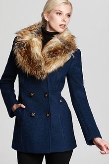 Laundry By Shelli Segal Double Breasted Wool Coat with Faux Fur Collar - Lyst