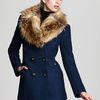 Laundry By Shelli Segal Double Breasted Wool Coat with Faux Fur Collar in Blue (teal) - Lyst