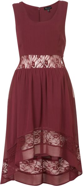 Topshop Border Lace Dip Hem Dress in Purple (maroon)