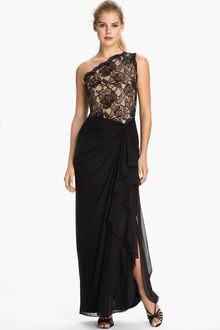 Tadashi Shoji One Shoulder Draped Lace Mesh Gown - Lyst