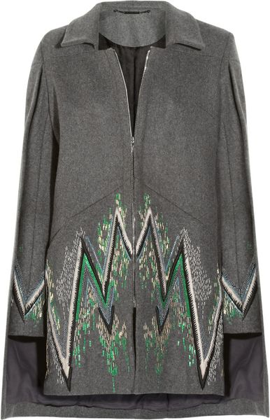 Matthew Williamson Embroidered Woolblend Capestyle Coat in Gray (anthracite) - Lyst