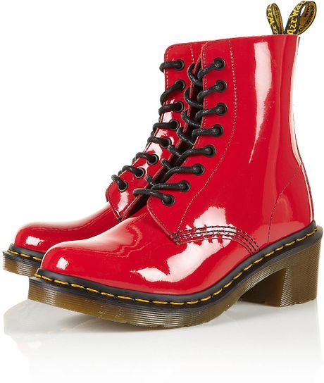 high heeled doc martens red