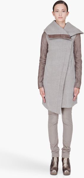 Helmut Lang Grey Leather Trim Willow Ow Coat - Lyst