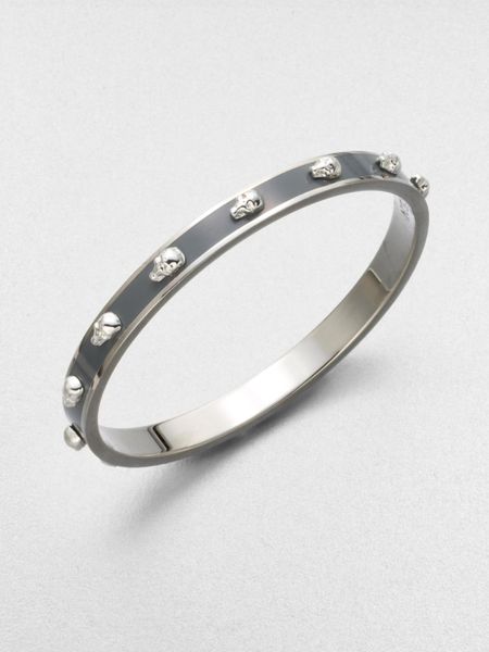 Alexander Mcqueen Enamel Accented Skull Bangle Bracelet in Silver (grey) - Lyst