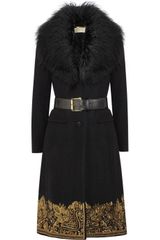 Michael by Michael Kors Shearling Trimmed Embroidered Wool Blend Coat
