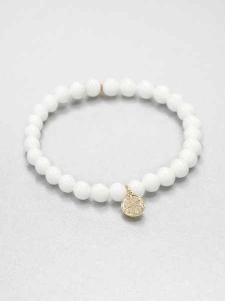 Sydney Evan Diamond 14k Gold Sea Clam Beaded Stretch Bracelet in White