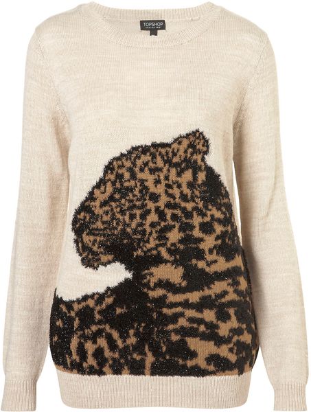 Topshop Knitted Leopard Sweater in Beige (oatmeal marl) - Lyst