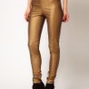 Asos Collection Asos Skinny Pants in Pu with Panel Detail in Gold - Lyst