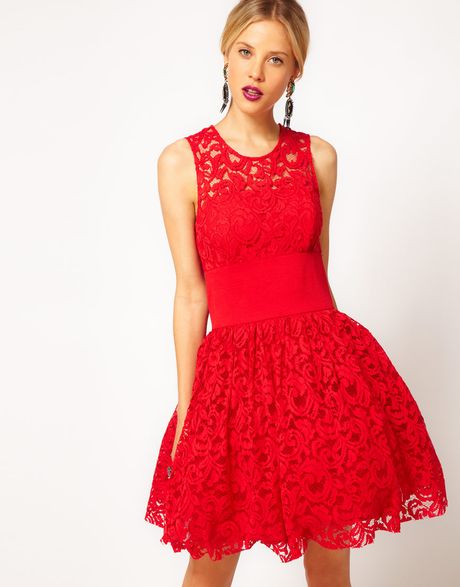 Asos Collection Asos Prom Dress in Lace with Elastic Waist in Red ...
