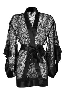 Kiki De Montparnasse Black Chantilly Lace Belted Kimono - Lyst
