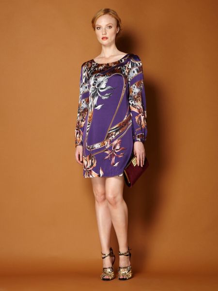 ... Lily Print Silk Bell Sleeve Shift Dress in Purple (multi-coloured