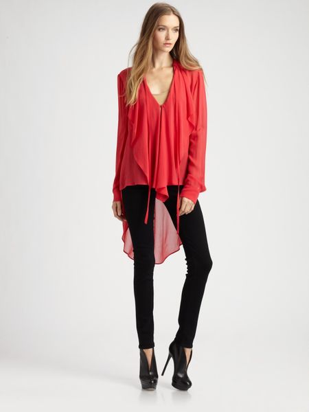 Bcbgmaxazria Silk Rufflefront Blouse in Red - Lyst