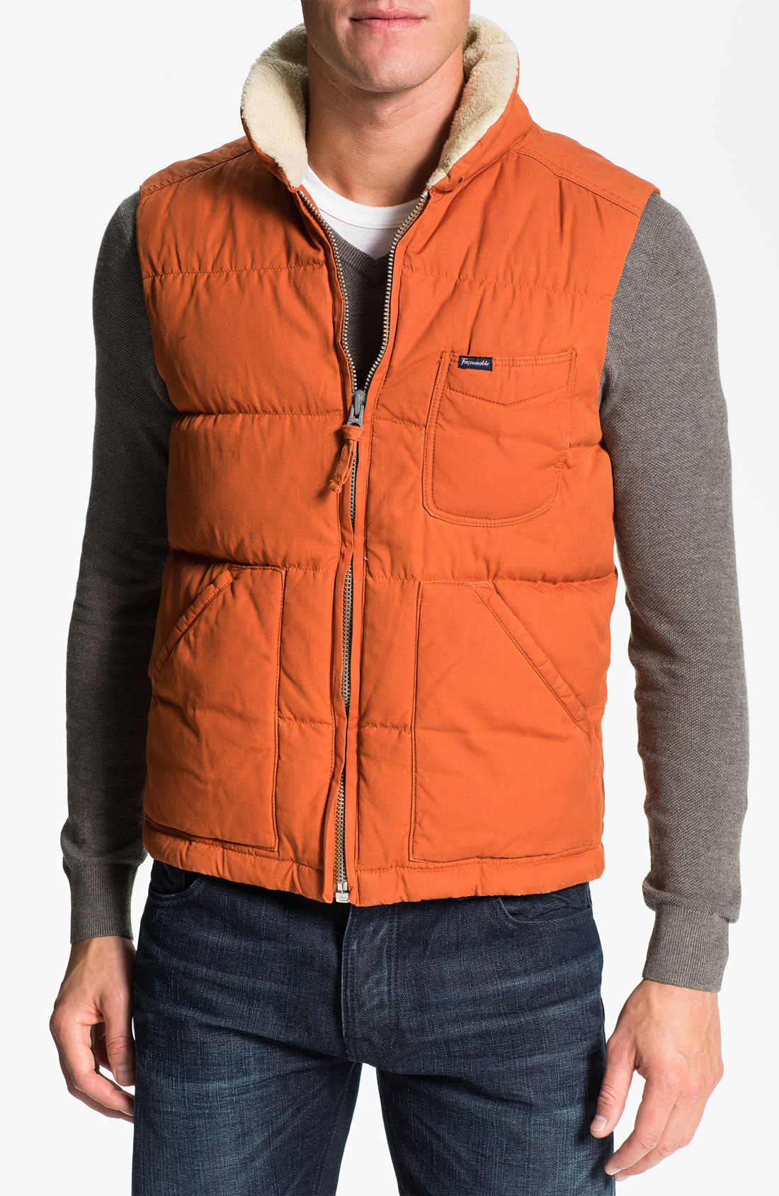 Façonnable Cire Club Fit Down Feather Vest with Faux Fur Trim in Orange