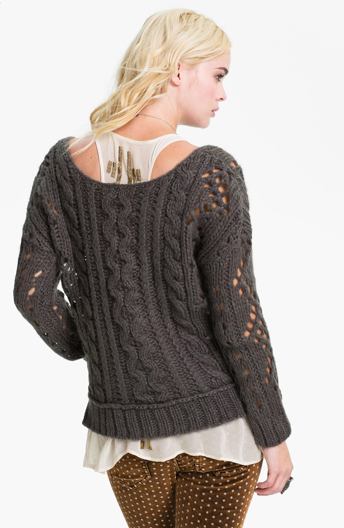 NWOT 108 FREE PEOPLE grey heavy pullover CHUNKY CABLE KNIT SWEATER L