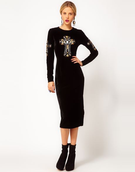 Asos Velvet Midi Dress with Embellished Cross in Black - Lyst