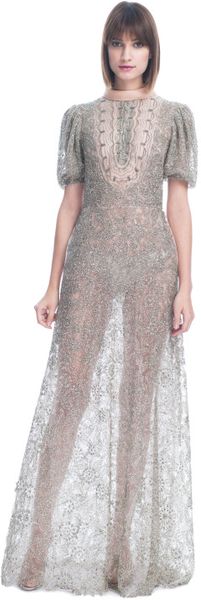 Valentino Organza Short Sleeve Embroidered Gown in Beige (cipria) - Lyst