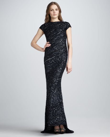 sequin cap sleeve gown