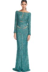 Elie Saab Teal Lace Embroidered Long Dress